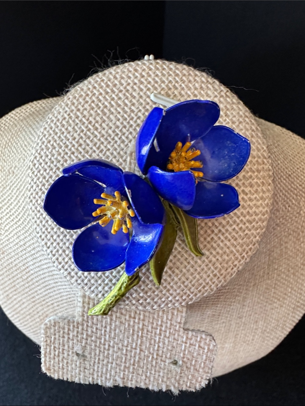 VTG 1960s Royal Blue Enamel Double Flower Brooch Pin Flower Power